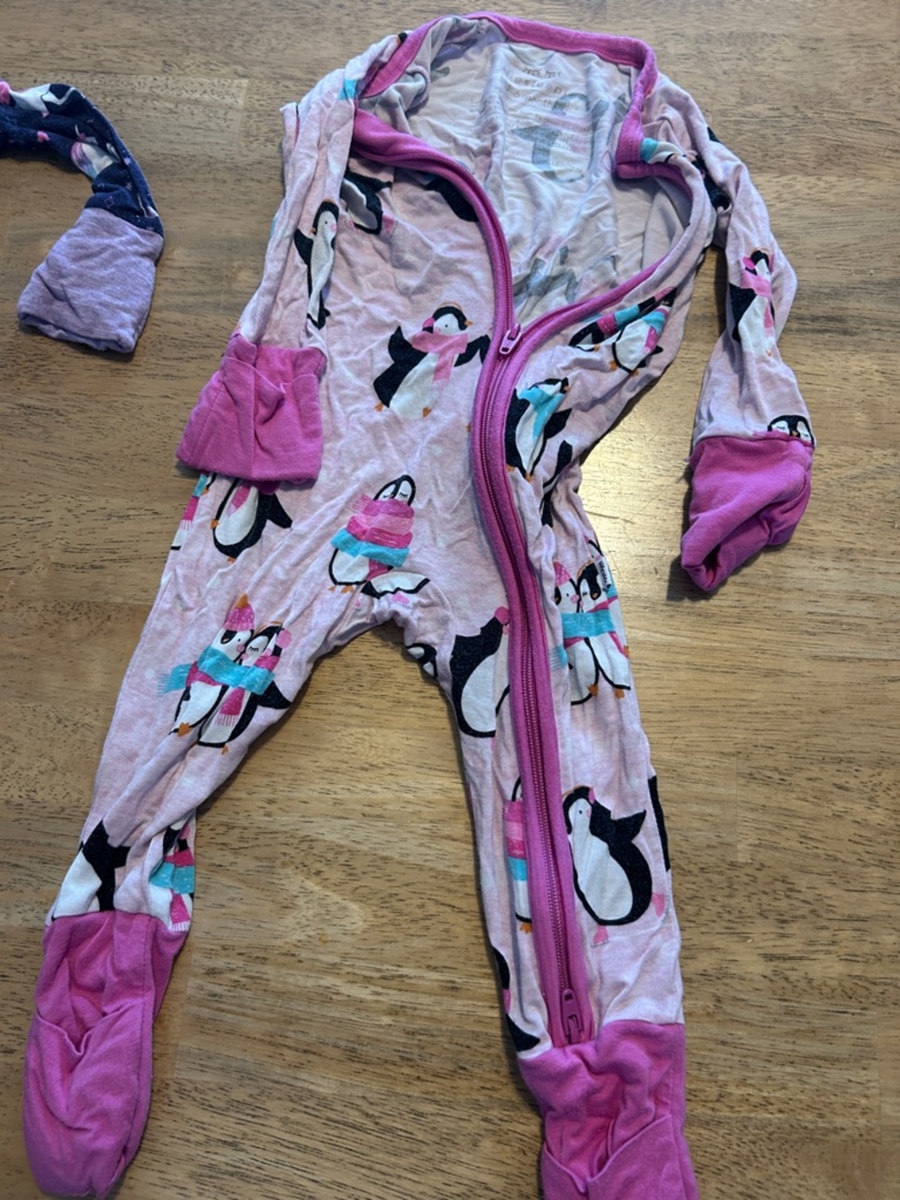LITTLE SLEEPIES Pink Penguin Print Footed One-Piece Pajamas with Zip